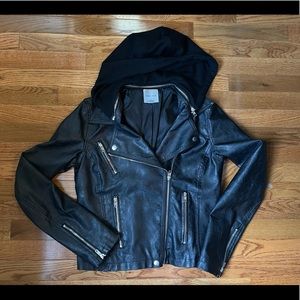 Faux Leather Biker Jacket with Removable Hoodie